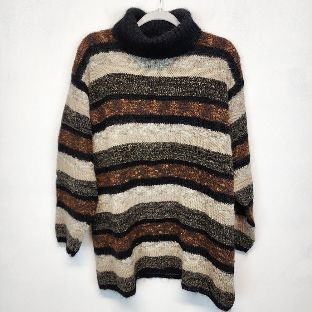 Valerie Stevens Womens Turtleneck Sweater Size L Striped Mohair Oversized 90s